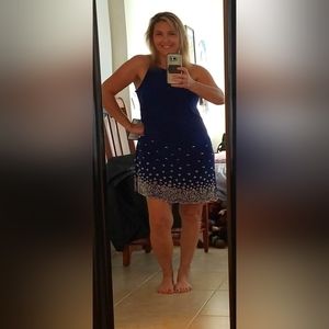 Beautiful Dark Blue Dress Size M by MSK with Rhinestones and Pearls (extra incl)